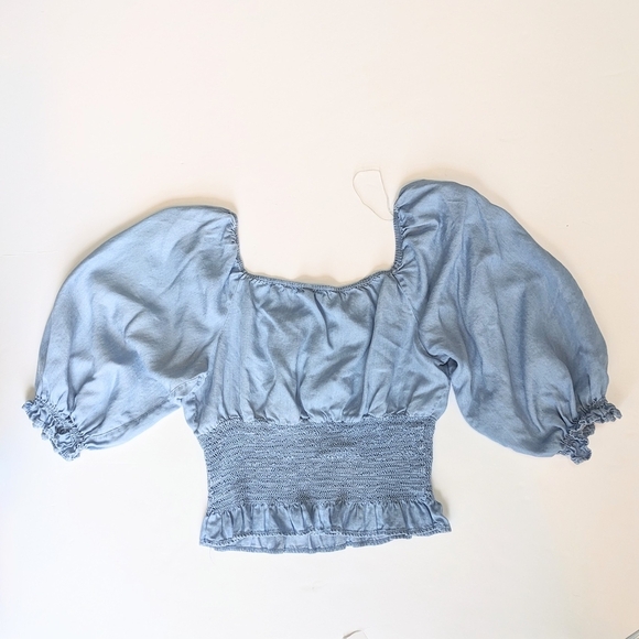 Story On Women's Blue Ruched Puff Sleeve Cropped Blouse - Picture 2 of 8